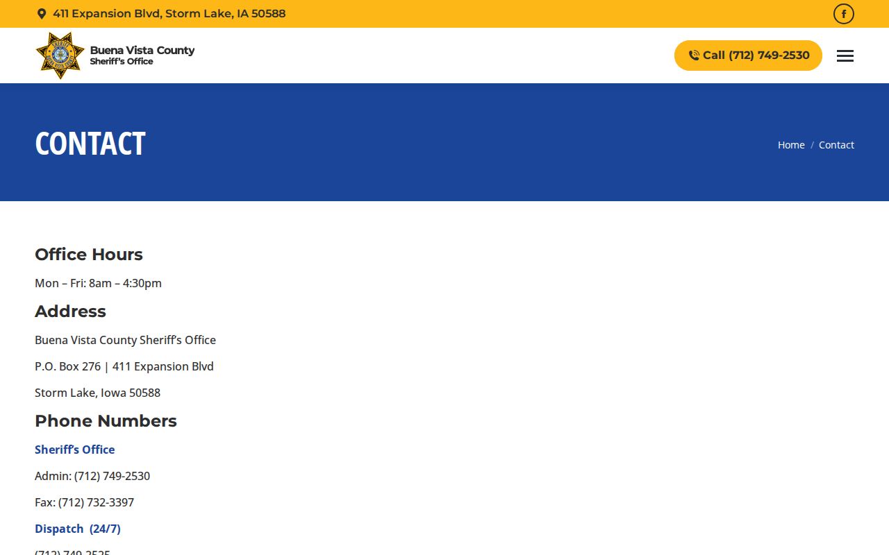 Buena Vista County Sheriff contact page with address and telephone channels