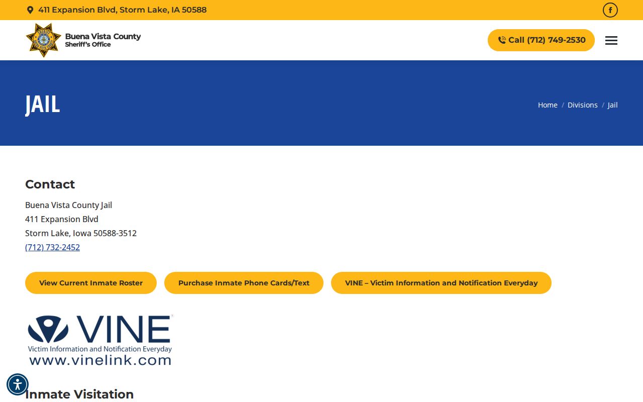 Buena Vista County Sheriff jail page with inmate roster and VINE links