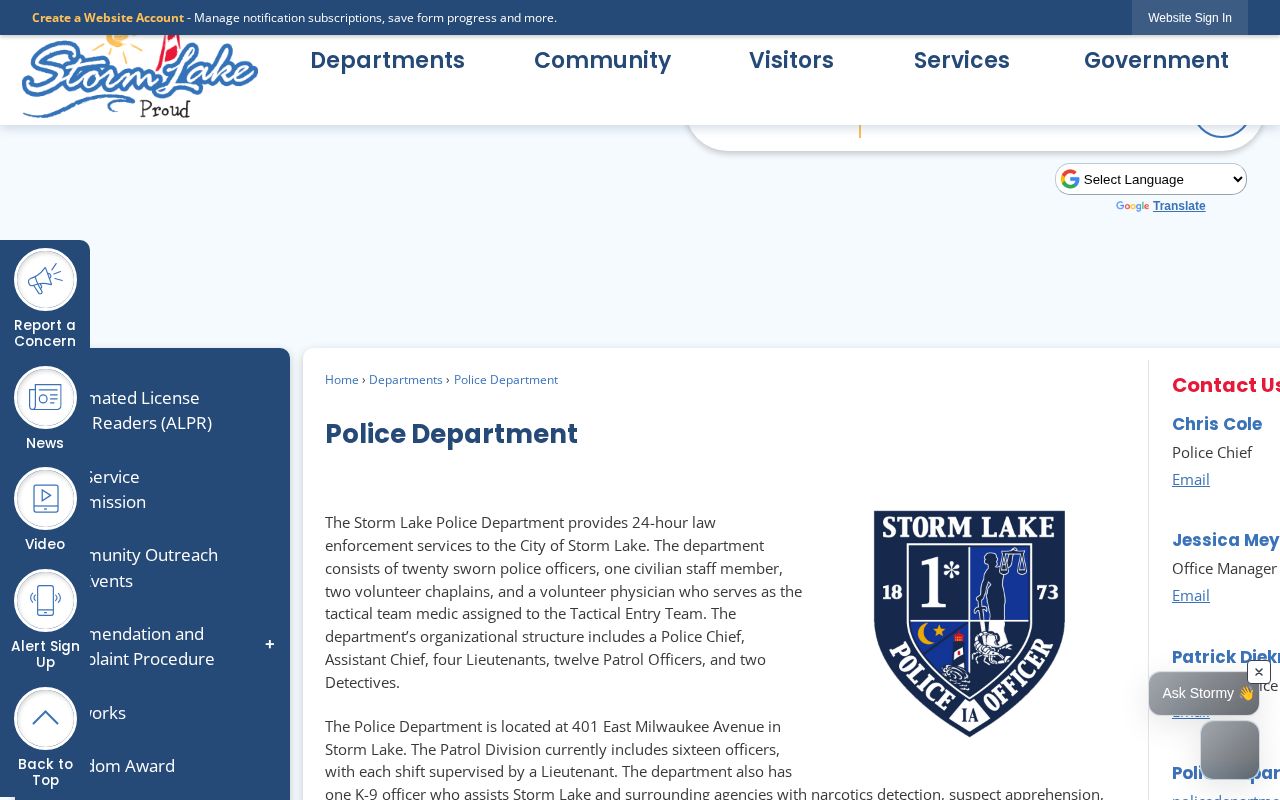 Official Storm Lake Police Department page showing address, phone, service, and annual report links