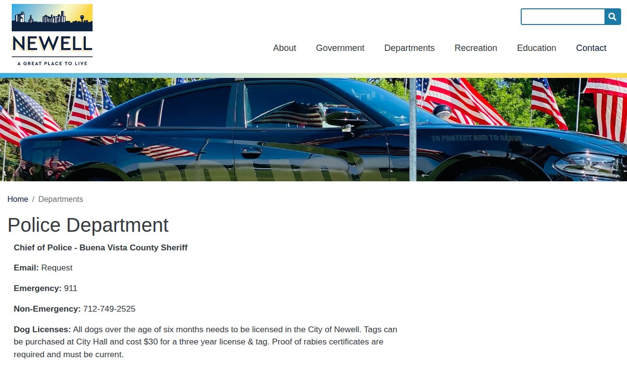 Official Newell police page identifying the Buena Vista County Sheriff as chief of police