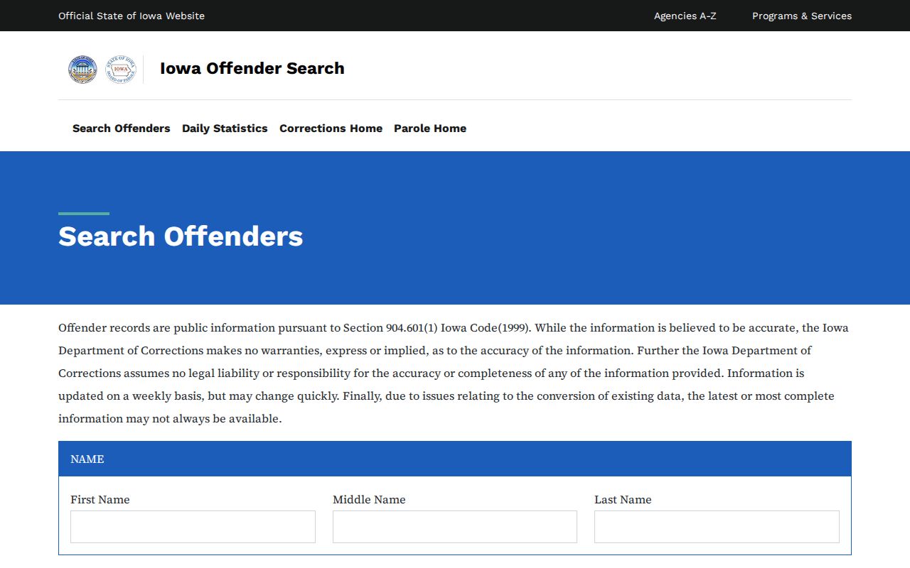 Iowa Department of Corrections public offender search fields