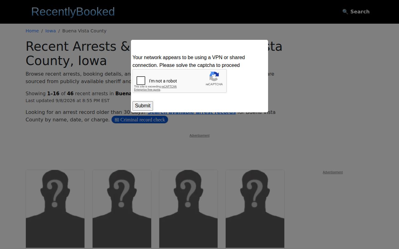 RecentlyBooked Buena Vista County page showing county scope and update information