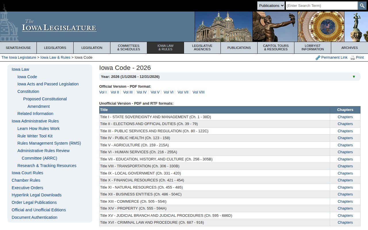 Iowa Legislature current Iowa Code navigation page